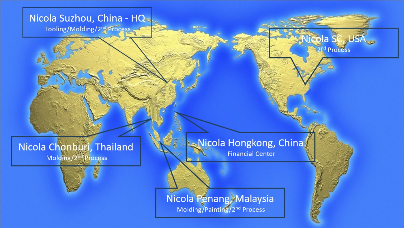 Map of Nicola locations in China, Thailand, Malaysia and the United States